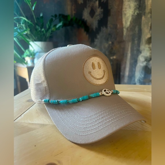 Custom Smiley Trucker Hat with Handmade Turquoise Hat Chain - Picture 2 of 8